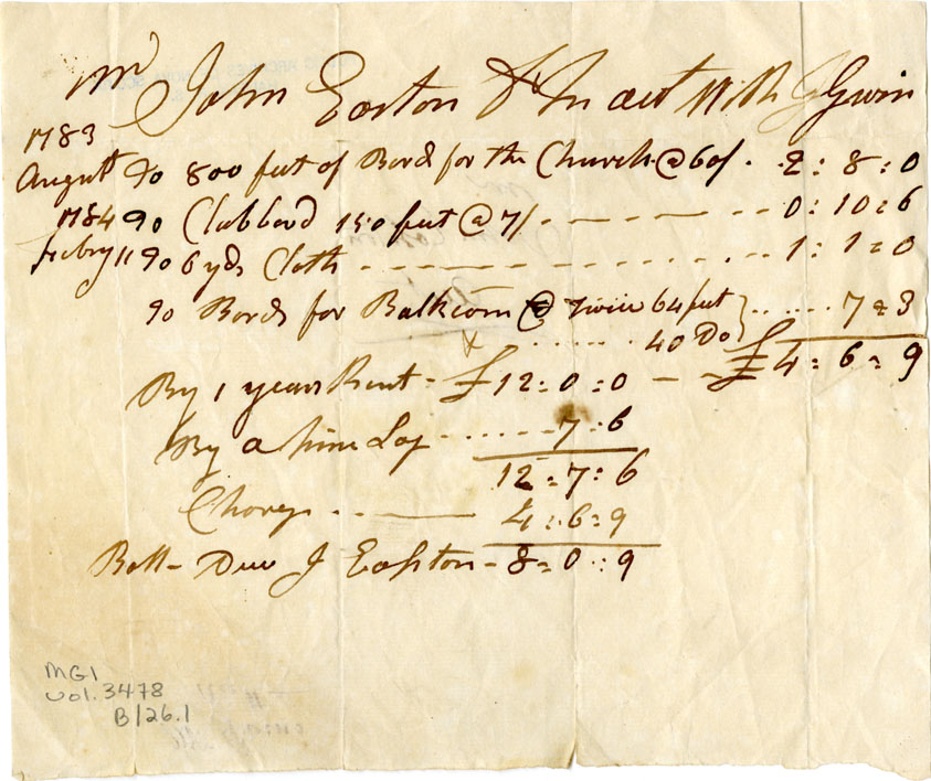 Easson : Account, John Easton with John Gwin, Annapolis Royal