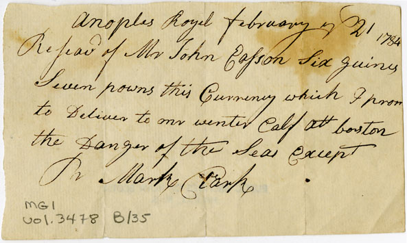 Easson : Receipt, Mark Clark, Annapolis Royal, to John Easson