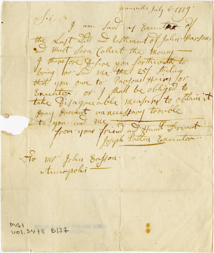 Easson : Letter, Joseph Patten to John Easson