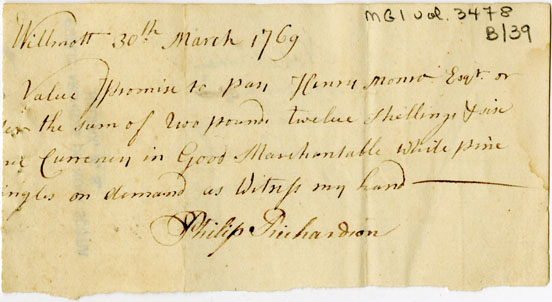 Easson : Promissory note, Philip Richardson, Wilmot, in favour of Henry Munro