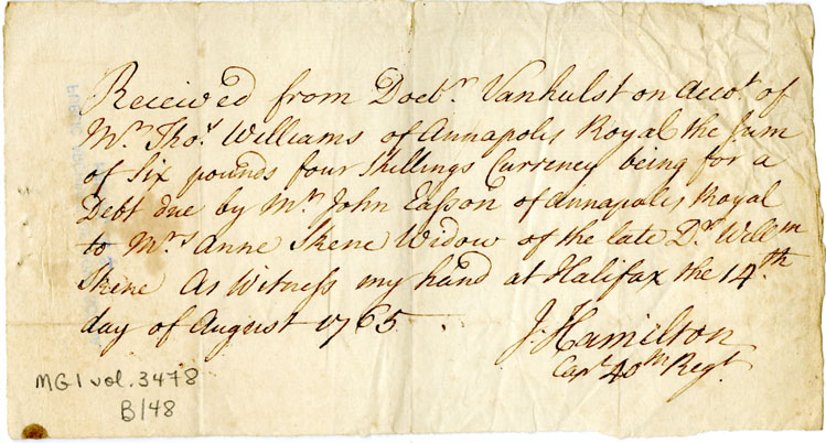 Easson : Receipt, J. Hamilton, Captain 40th Regiment, from Dr. Vanhulst