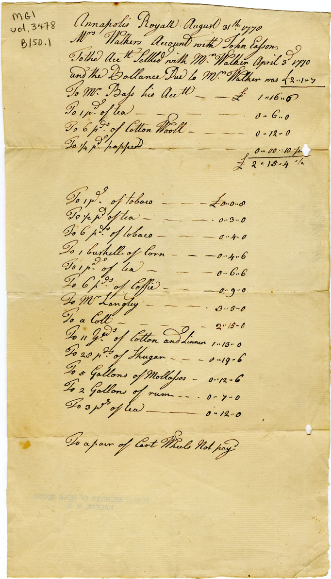 Easson : Account, Mrs. Ann Walker with John Easson