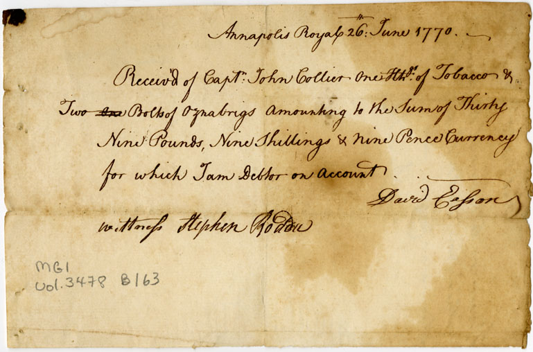 Easson : Receipt, David Easson to Capt. John Collier