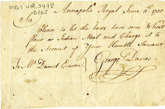 Easson : Letter, George Davies, Annapolis Royal, to David Easson