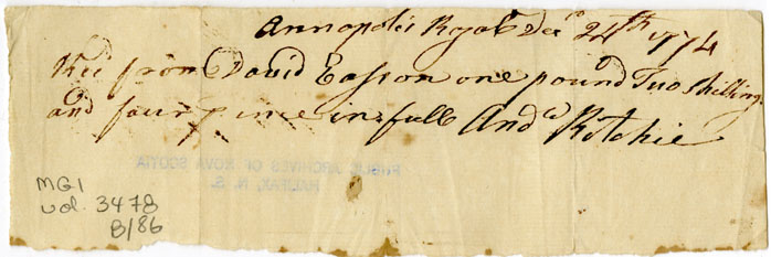 Easson : Receipt, Andrew Ritchie, Annapolis Royal