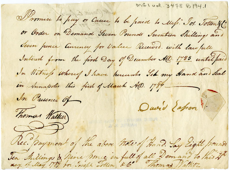 Easson : Promissory note, David Easson in favour of Joseph Totten