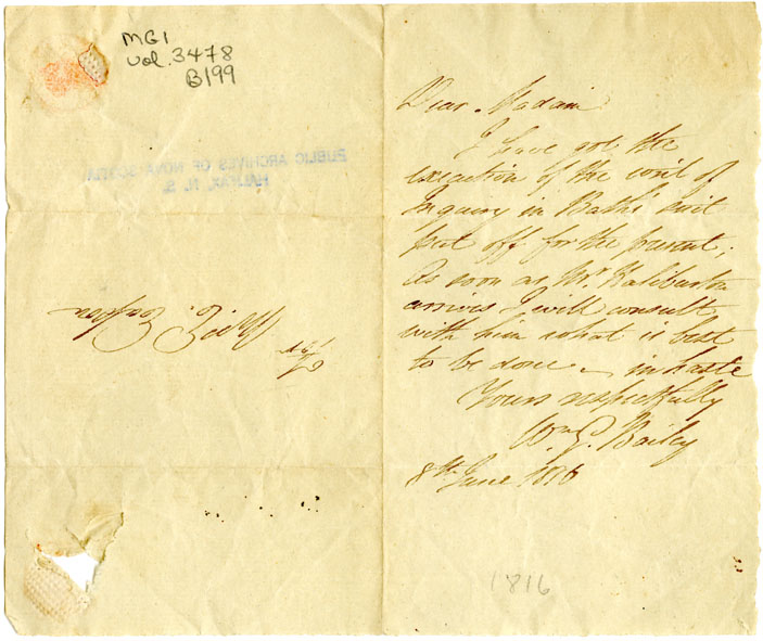 Easson : Letter, William G. Bailey to Elizabeth Easson