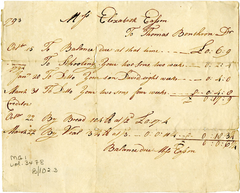 Easson : Account, Mrs. Easson with Thomas Bonthron