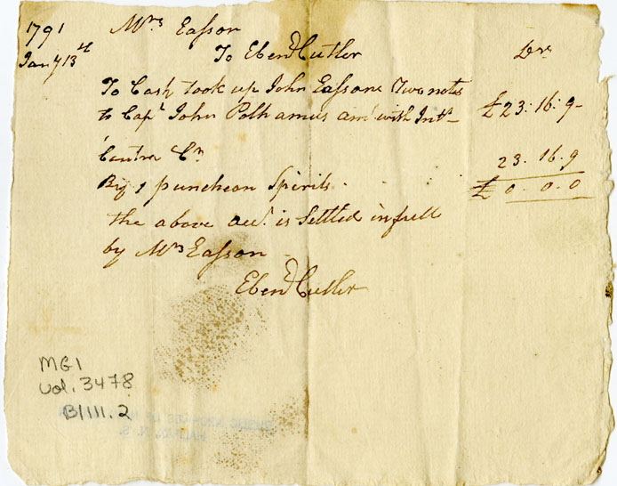 Easson : Account, Elizabeth Easson with Ebenezer Cutler