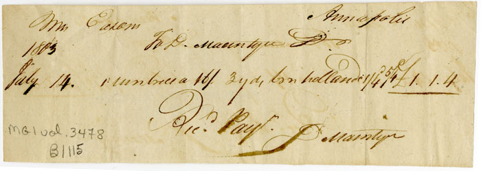 Easson : Account, Mrs. Easson with D. MacIntyre, Annapolis