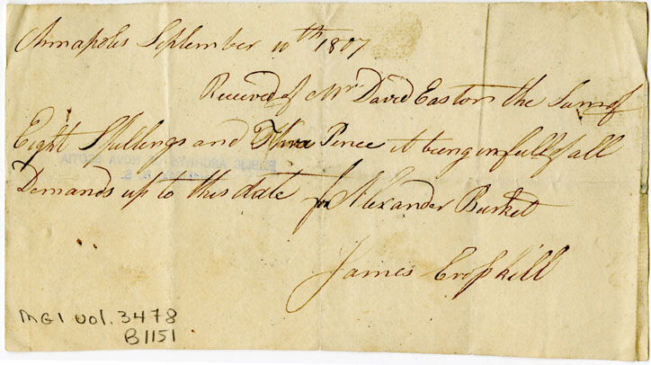 Easson : Receipt, James Crosskill for Alexander Burket