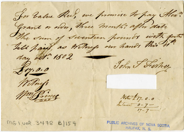 Easson : Promissory note, John Fisher and David Easson, in favour of Alexander Grant