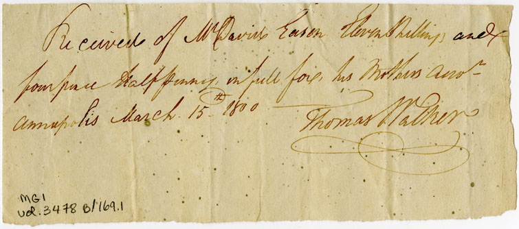 Easson : Receipt, Thomas Walker, Annapolis