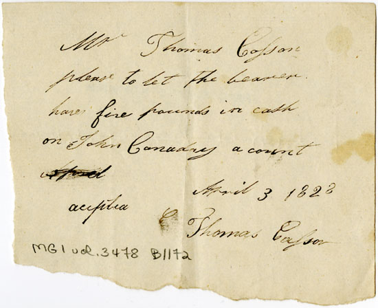 Easson : Note, John Canadry to Thomas Easson