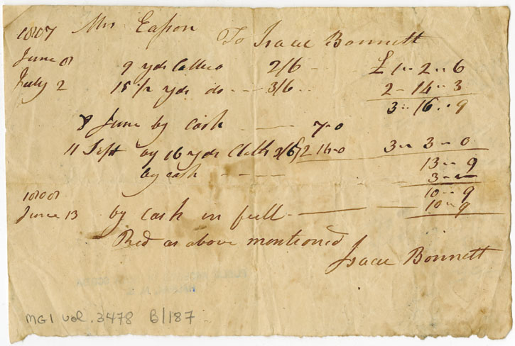 Easson : Account, Mrs. Easson with Isaac Bonnett