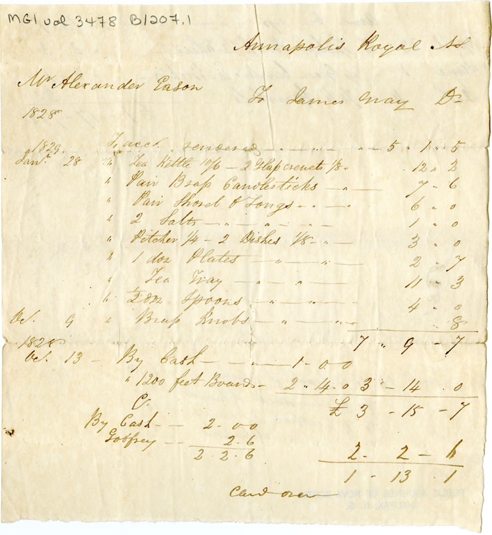 Easson : Account, Alexander Easson with James Gray, Annapolis Royal