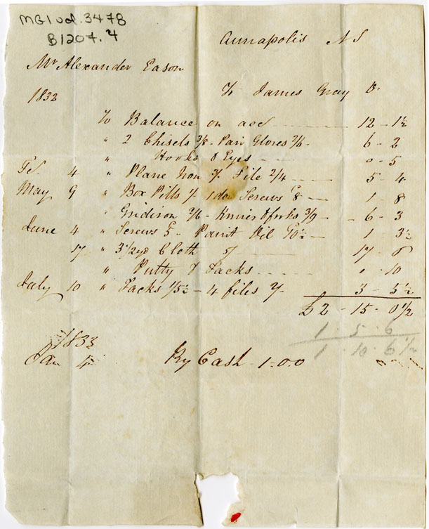 Easson : Account, Alexander Easson with James Gray, Annapolis Royal