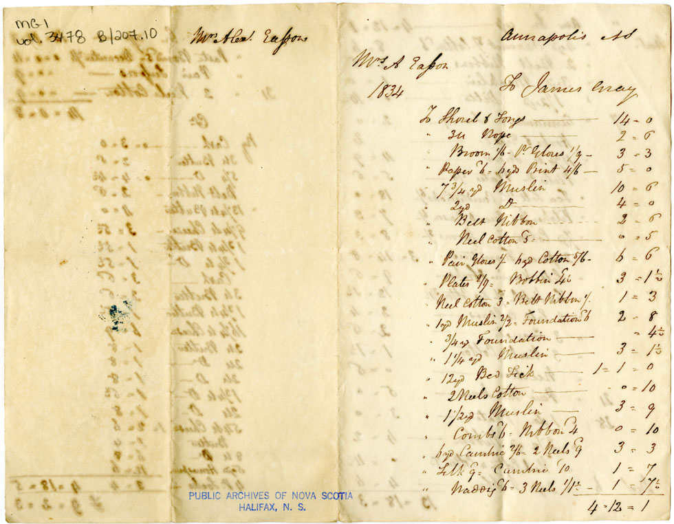 Easson : Account, Mrs. A. Easson with James Gray, Annapolis Royal