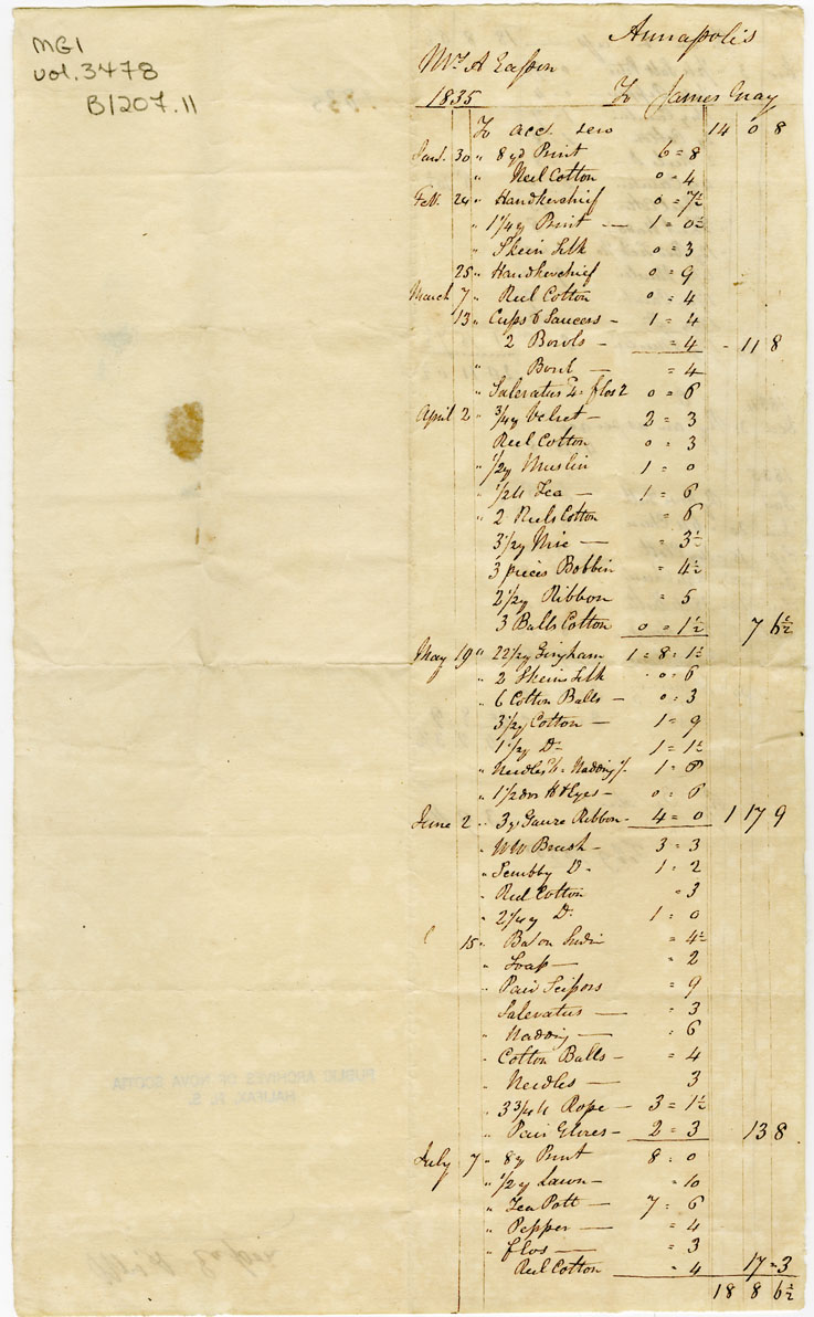 Easson : Account, Mrs. A. Easson with James Gray, Annapolis Royal