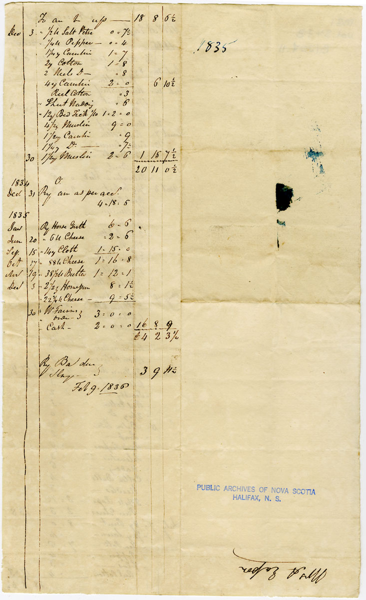 Easson : Account, Mrs. A. Easson with James Gray, Annapolis Royal