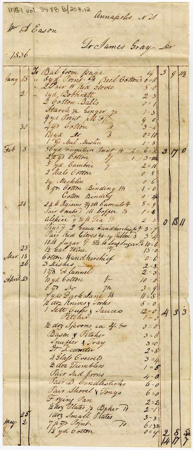 Easson : Account, Mrs. A. Easson with James Gray, Annapolis Royal