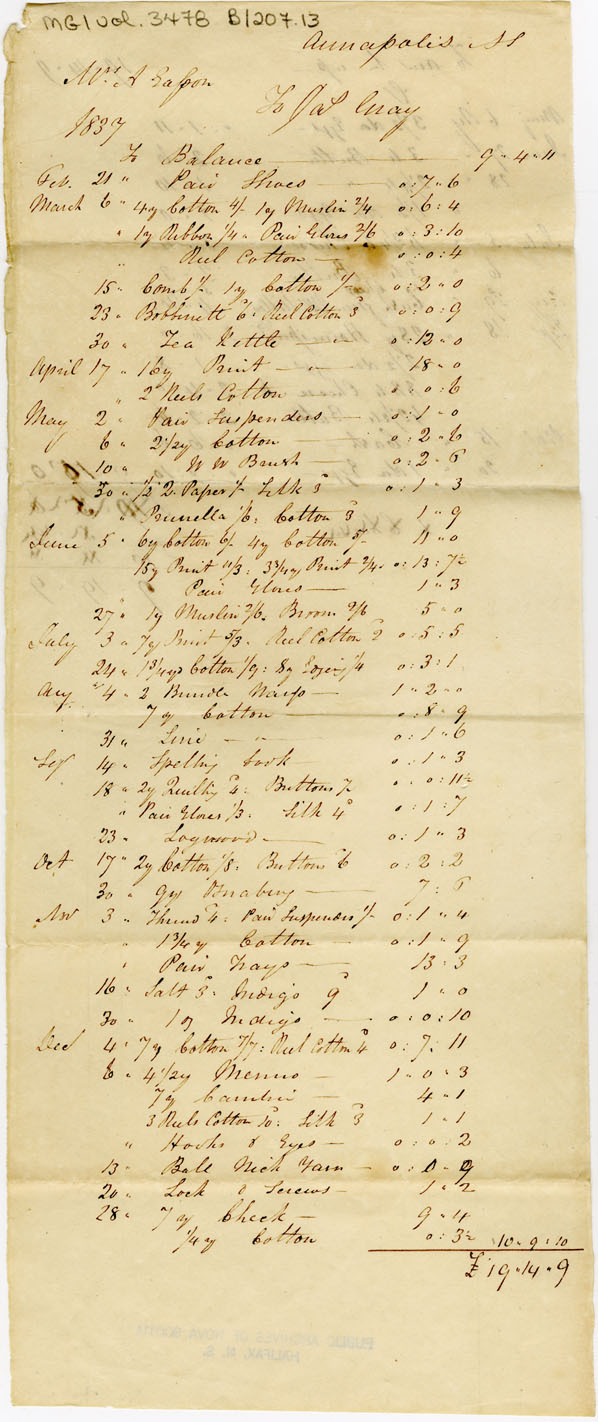 Easson : Account, Mrs. A. Easson with James Gray, Annapolis Royal