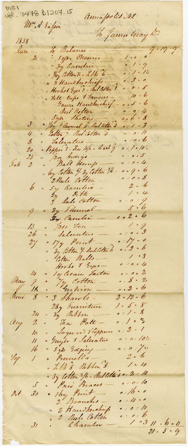 Easson : Account, Mrs. A. Easson with James Gray, Annapolis Royal