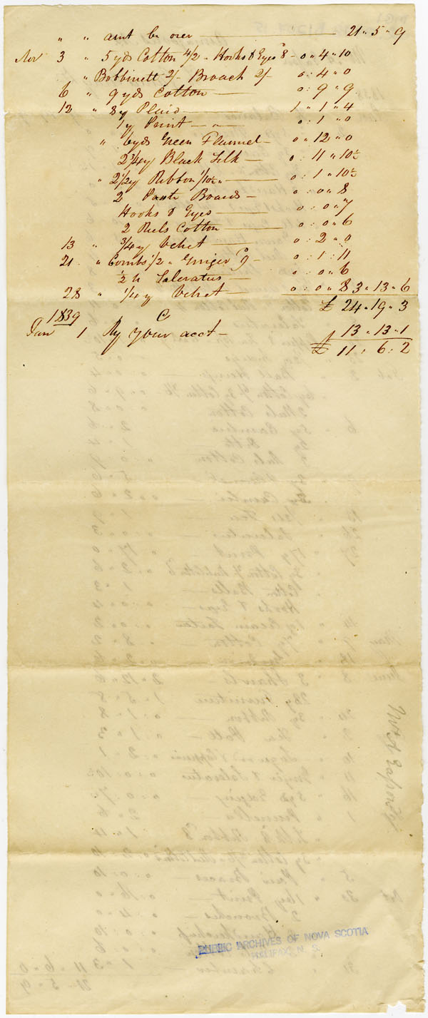 Easson : Account, Mrs. A. Easson with James Gray, Annapolis Royal