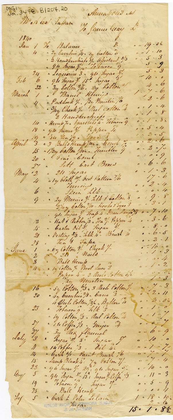 Easson : Account, Alexander Easson with James Gray, Annapolis Royal