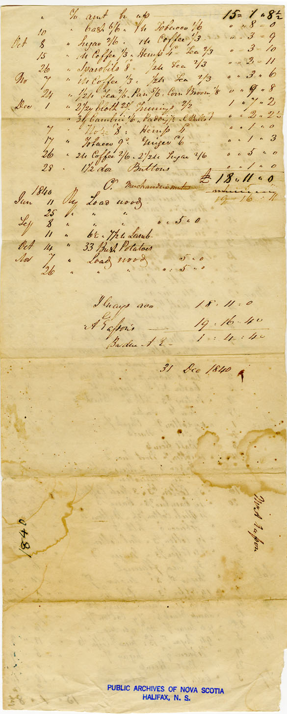 Easson : Account, Alexander Easson with James Gray, Annapolis Royal