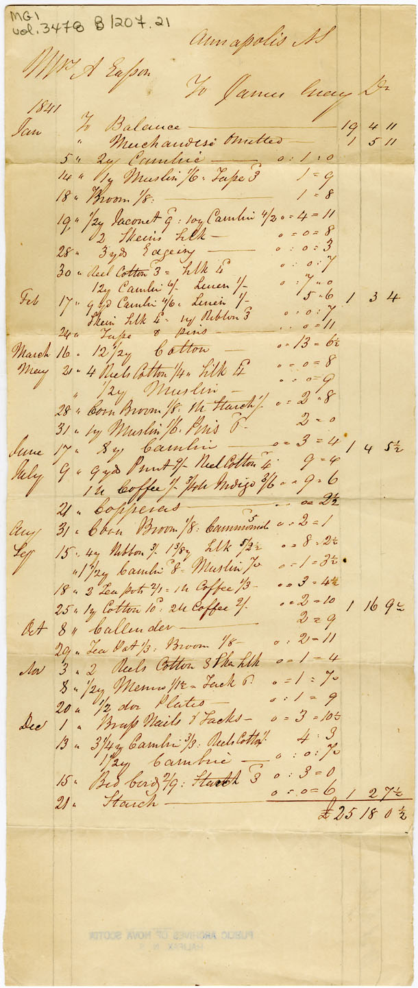 Easson : Account, Alexander Easson with James Gray, Annapolis Royal