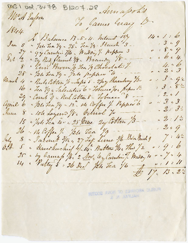 Easson : Account, Alexander Easson with James Gray, Annapolis Royal