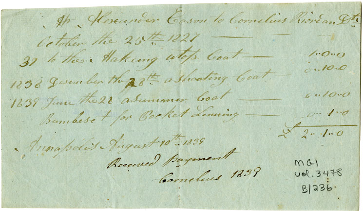 Easson : Account, Alexander Easson with Cornelius Riordan, Annapolis