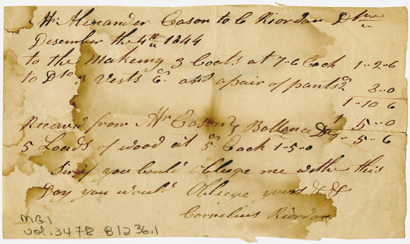 Easson : Account, Alexander Easson with Cornelius Riordan, Annapolis