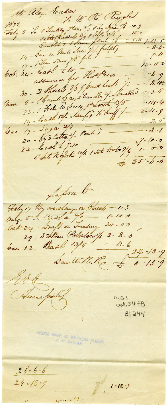 Easson : Account, Alexander Easson with W.R. Ruggles, Annapolis