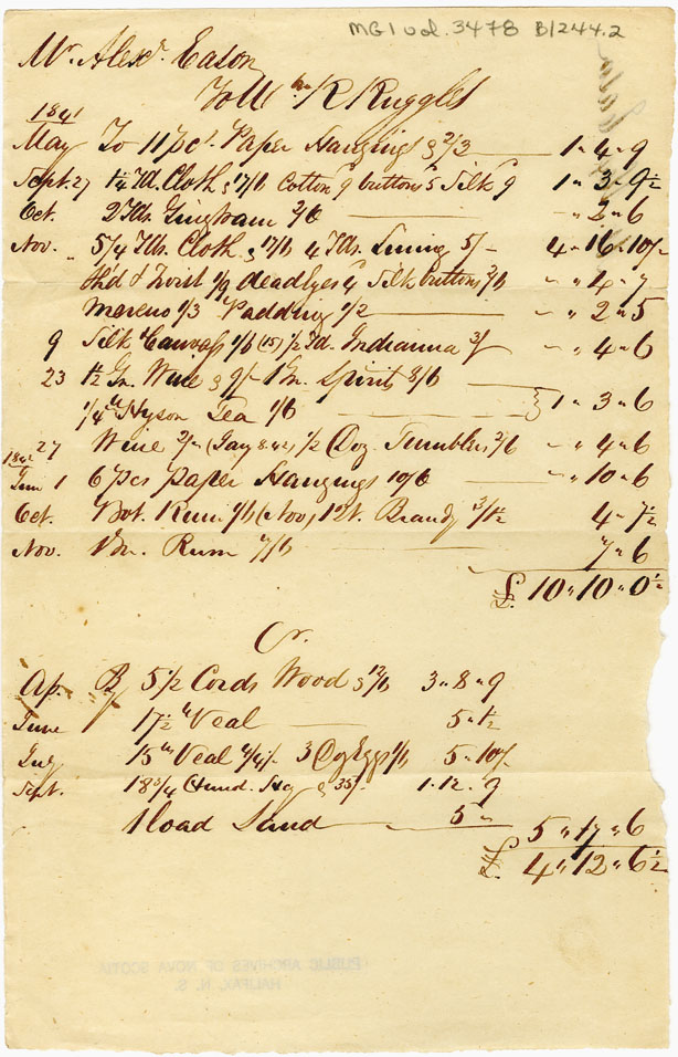 Easson : Account, Alexander Easson with W.R. Ruggles, Annapolis