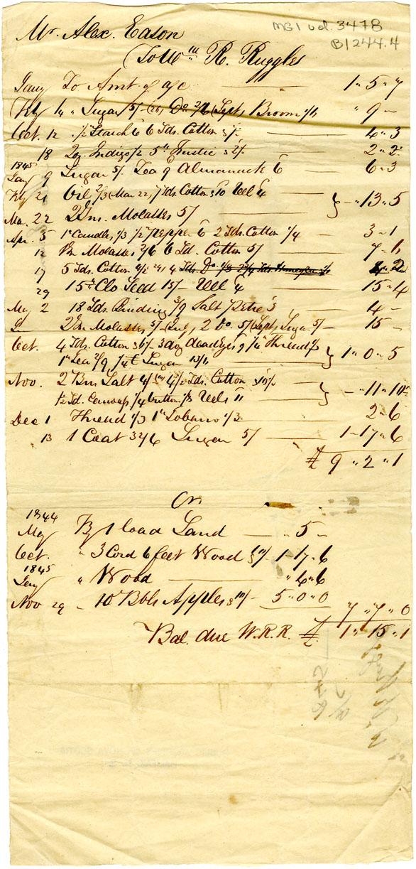 Easson : Account, Alexander Easson with W.R. Ruggles, Annapolis