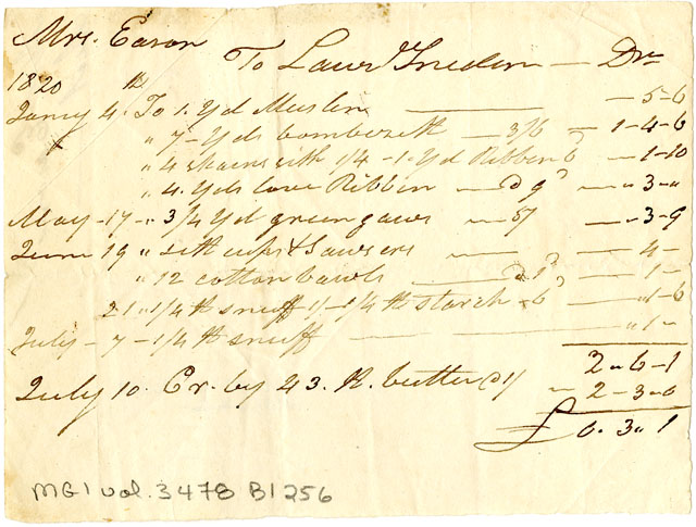 Easson : Account, Mrs. Easson with Lawrence Sneden