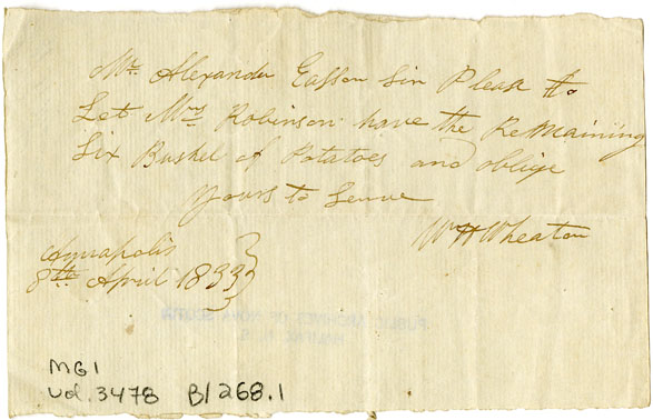 Easson : Note, W.H. Wheaton to Alexander Easson