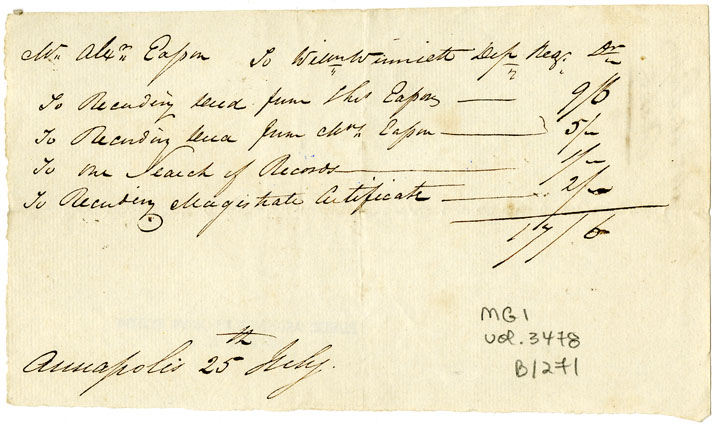 Easson : Account, Alexander Easson with William Winniett, Deputy Registrar, Annapolis