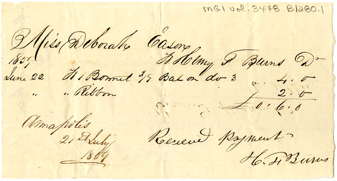 Easson : Account, Deborah Easson with H.F. Burns, Annapolis