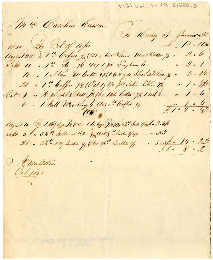 Easson : Account, Caroline Easson with H.F. Burns, Annapolis