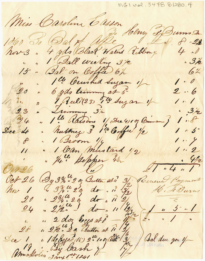 Easson : Account, Caroline Easson with H.F. Burns, Annapolis