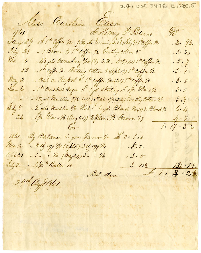 Easson : Account, Caroline Easson with H.F. Burns, Annapolis