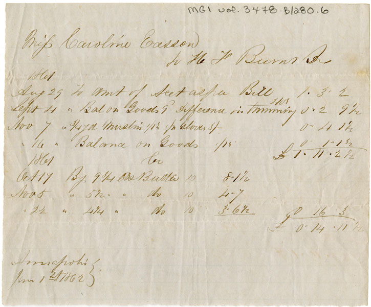 Easson : Account, Caroline Easson with H.F. Burns, Annapolis