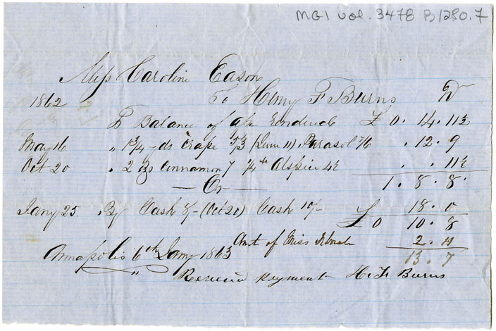 Easson : Account, Caroline Easson with H.F. Burns, Annapolis