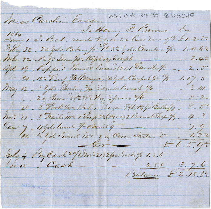 Easson : Account, Caroline Easson with H.F. Burns, Annapolis