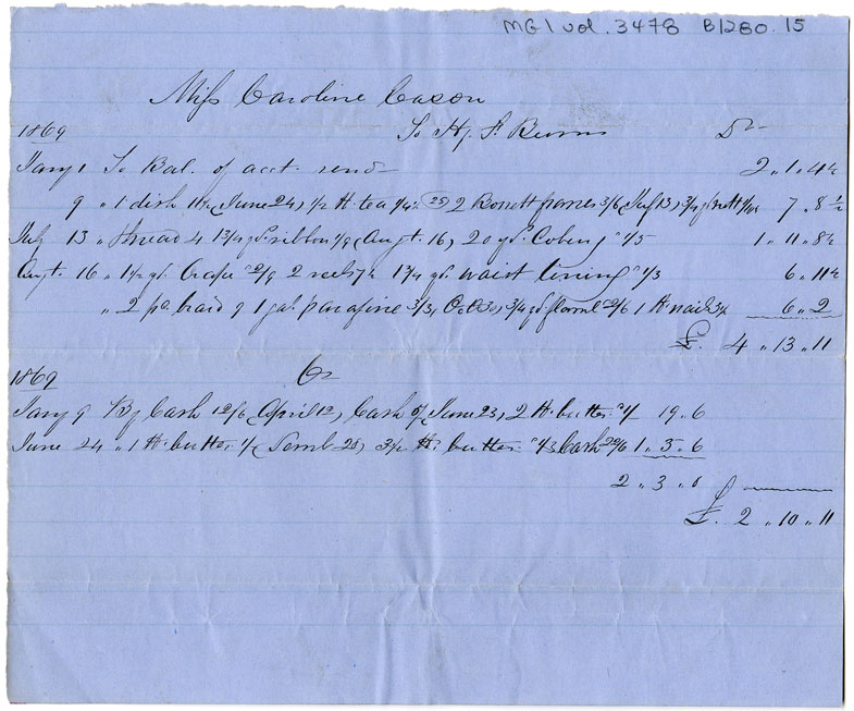 Easson : Account, Caroline Easson with H.F. Burns, Annapolis