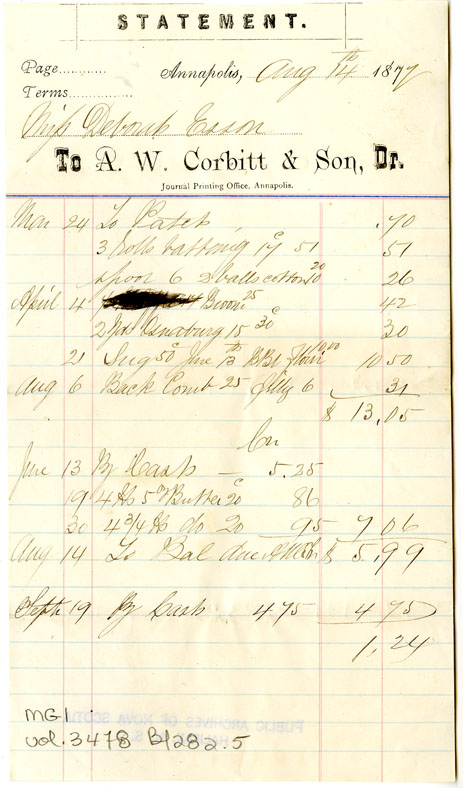 Easson : Account, Deborah Easson with A.W. Corbitt & Son, Annapolis