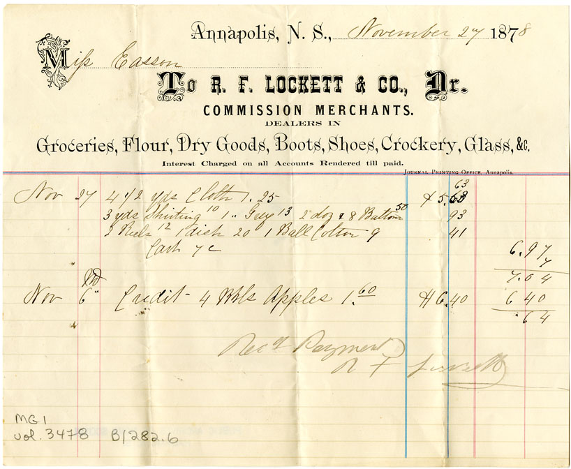 Easson : Account, Miss Easson with R.F. Lockett & Co., Annapolis